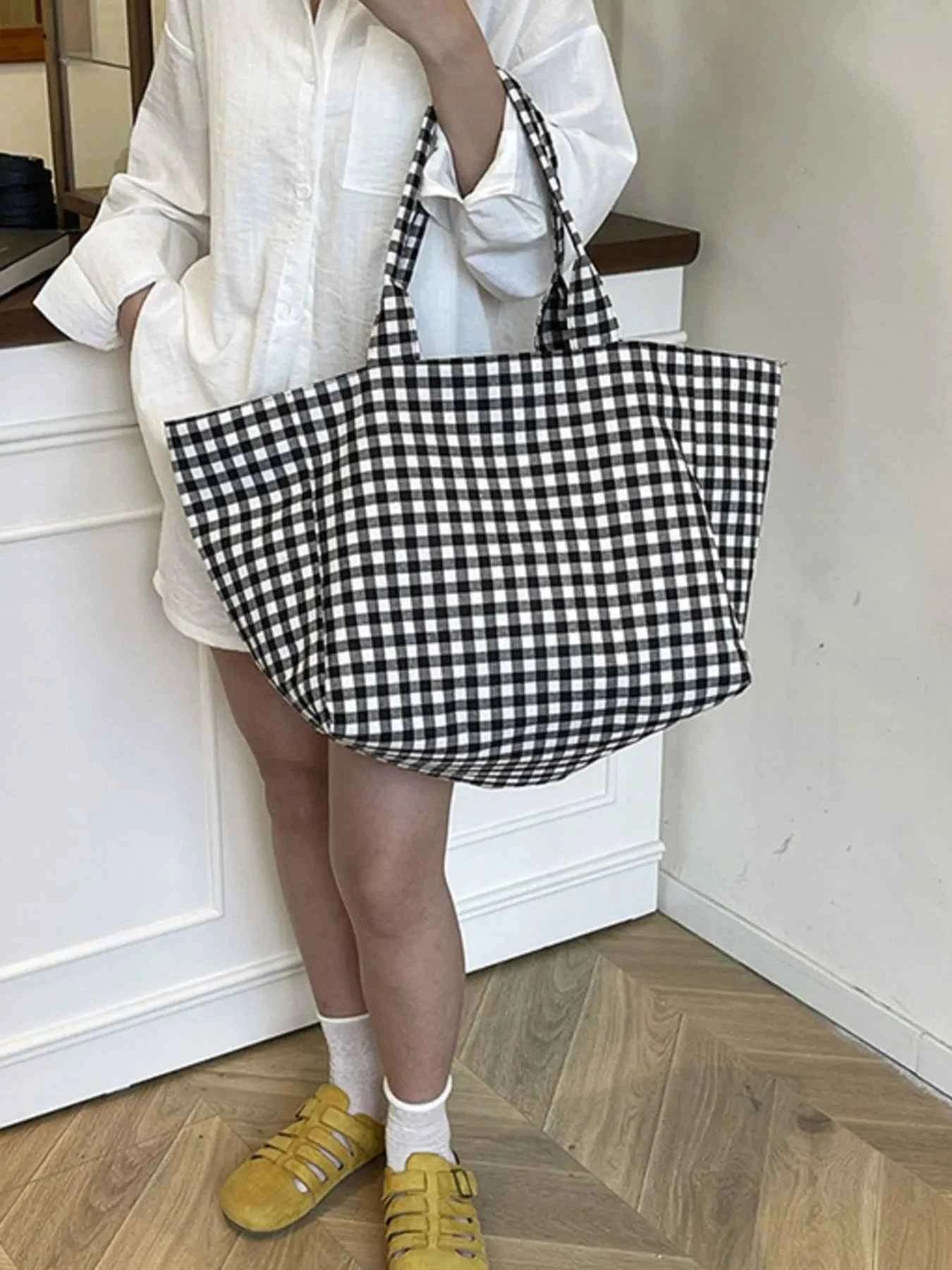 Classic Plaid Canvas Tote Bag.