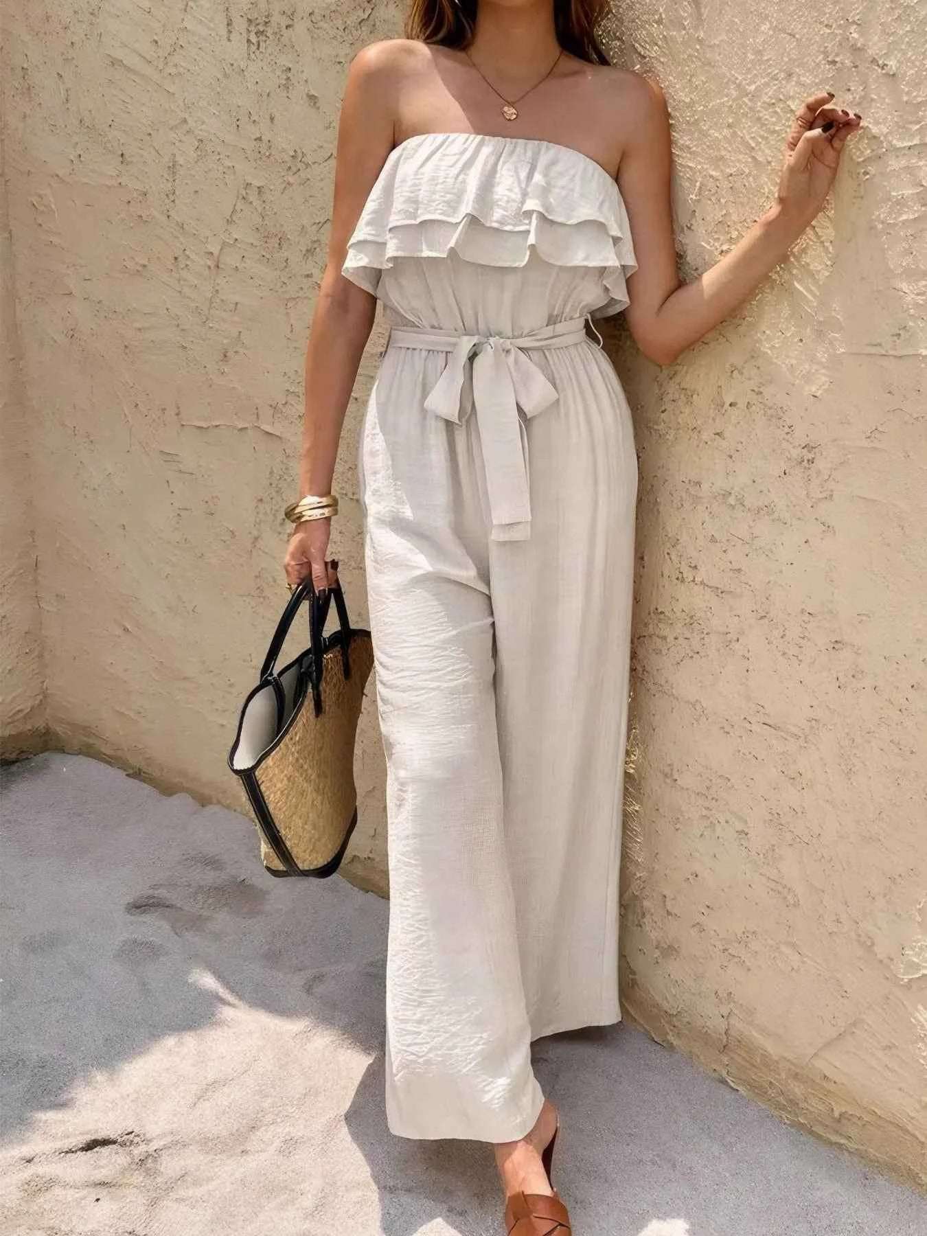 Off-Shoulder Ruffled Wide Leg Jumpsuit.