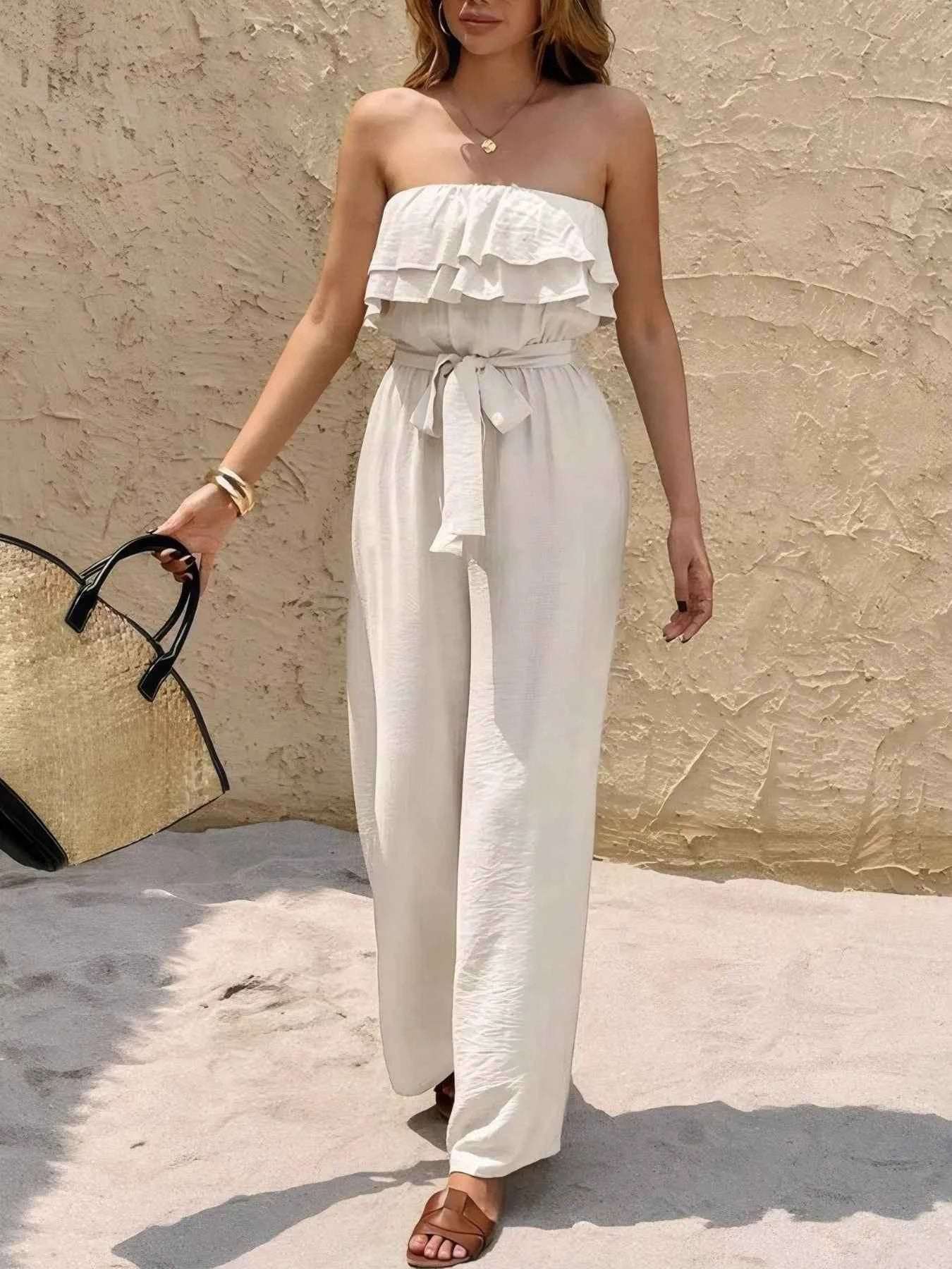 Off-Shoulder Ruffled Wide Leg Jumpsuit.