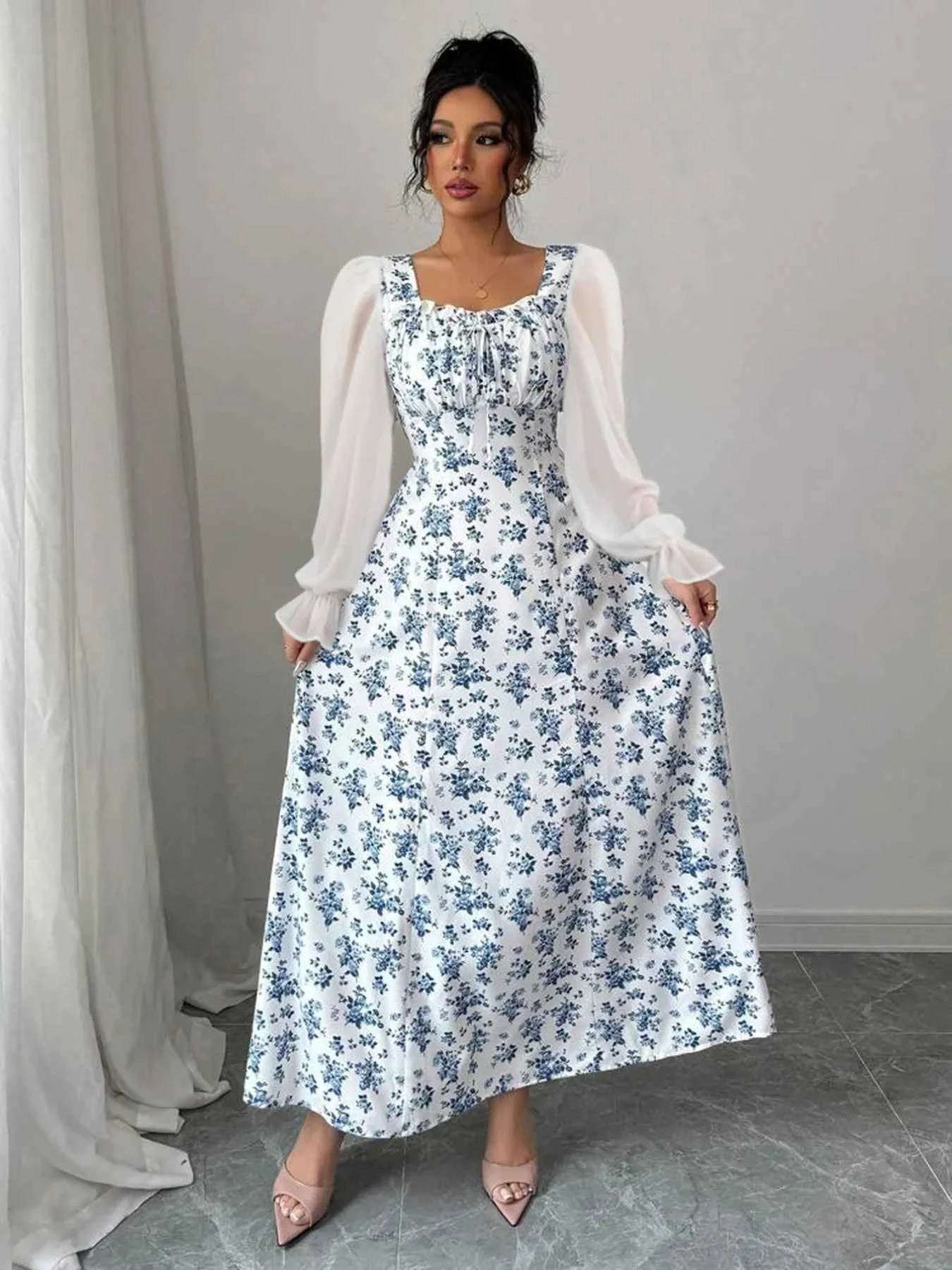 Floral Print Flounce Sleeve Maxi Dress.