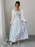 Floral Print Flounce Sleeve Maxi Dress.