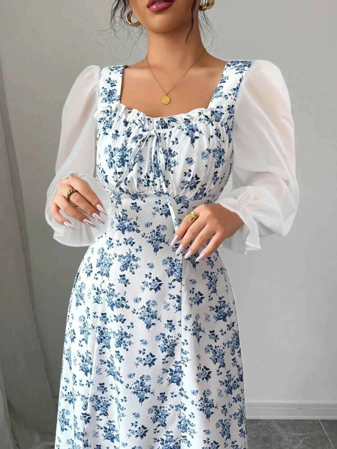 Floral Print Flounce Sleeve Maxi Dress.