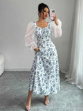 Floral Print Flounce Sleeve Maxi Dress.