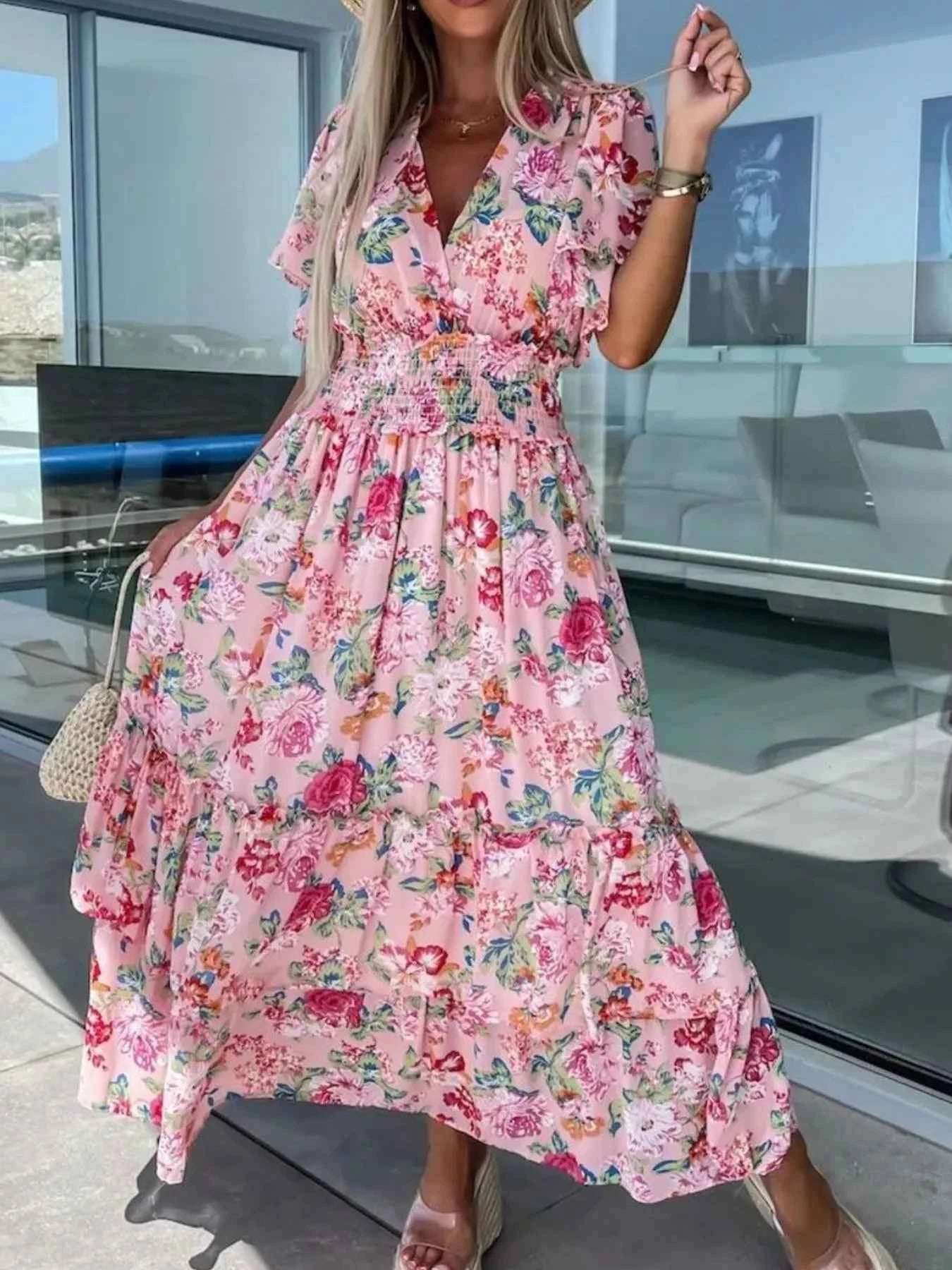 Floral Print Flutter Sleeve Maxi Dress.