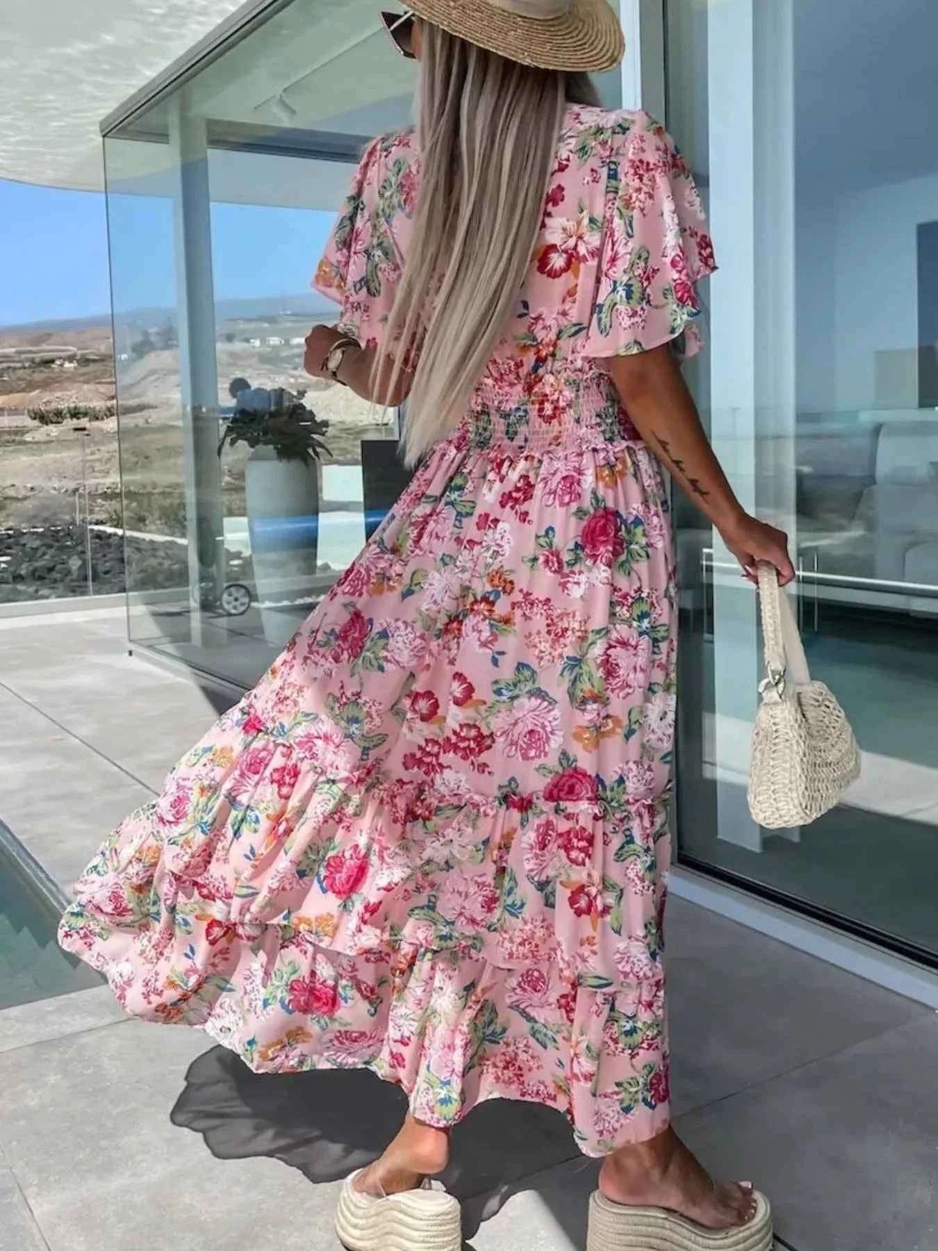 Floral Print Flutter Sleeve Maxi Dress.