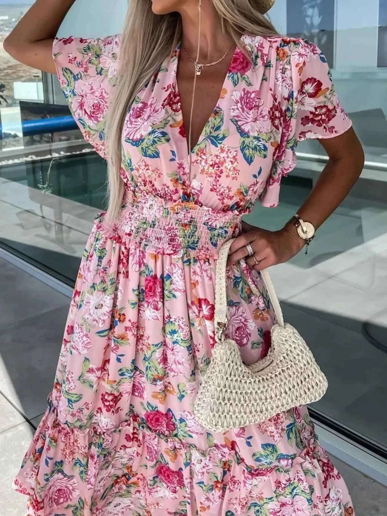 Floral Print Flutter Sleeve Maxi Dress.