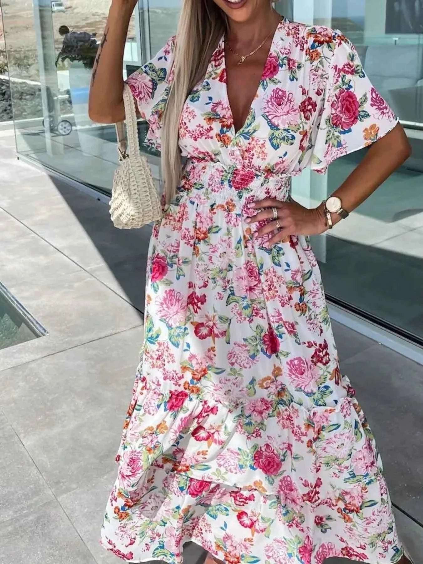 Floral Print Flutter Sleeve Maxi Dress.