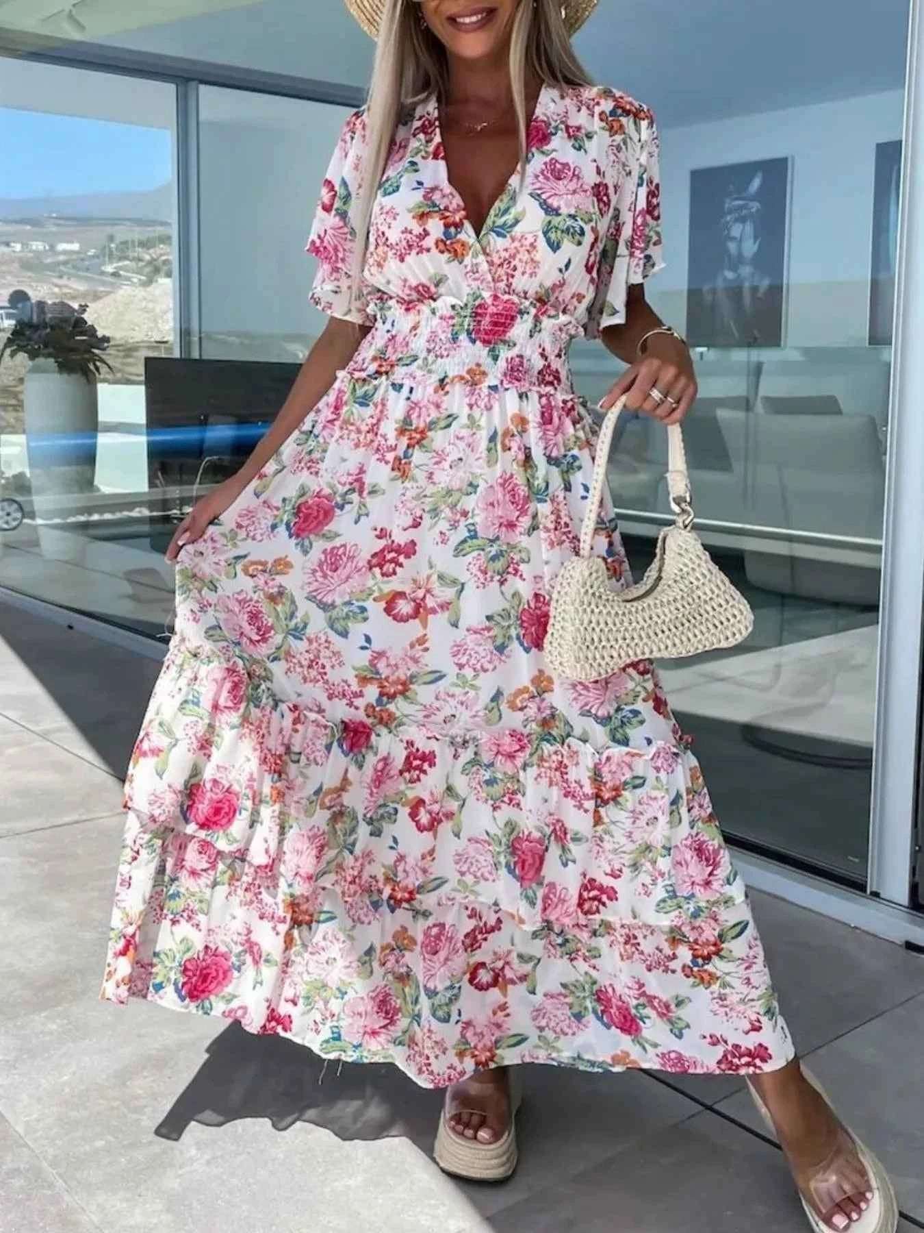 Floral Print Flutter Sleeve Maxi Dress.
