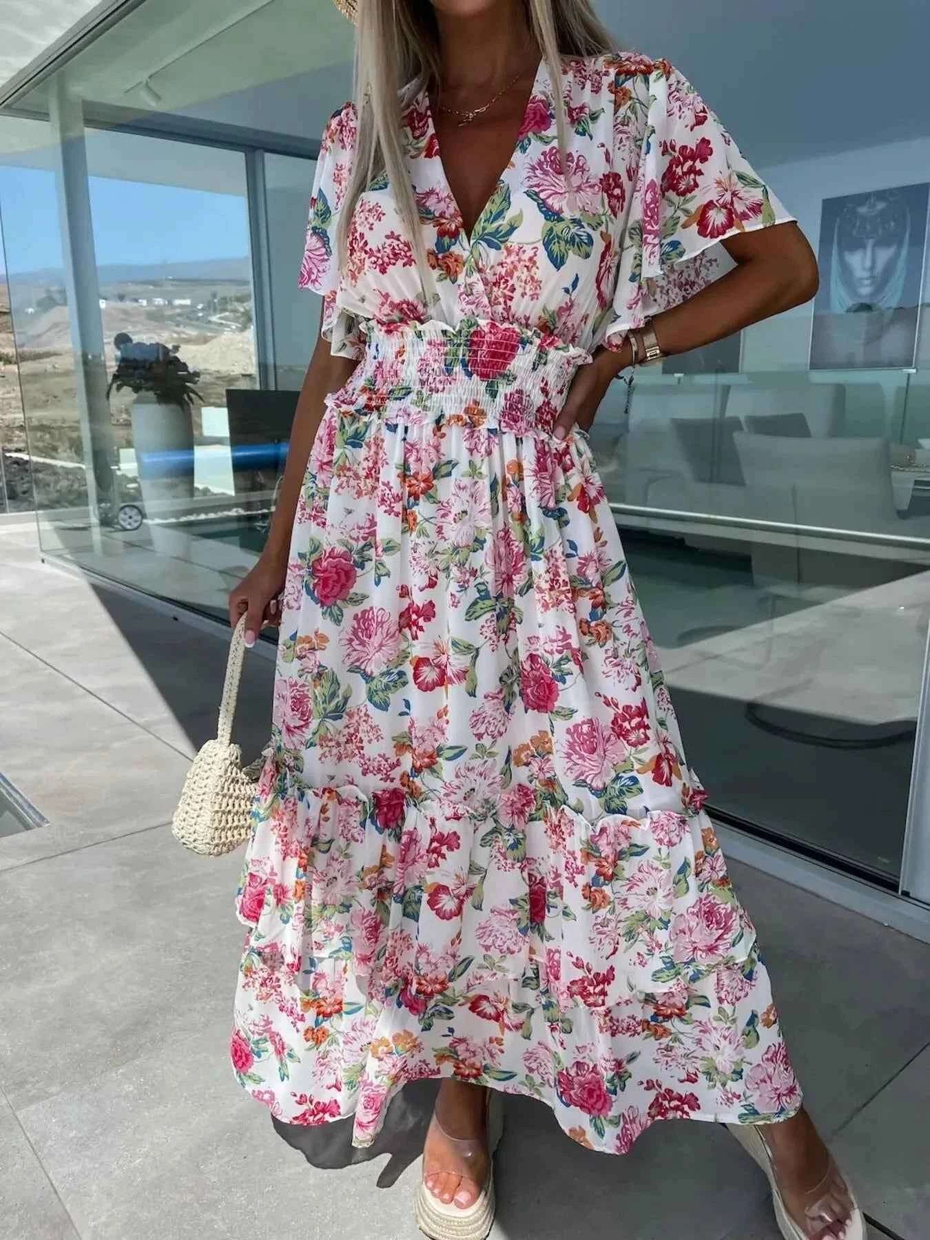 Floral Print Flutter Sleeve Maxi Dress.