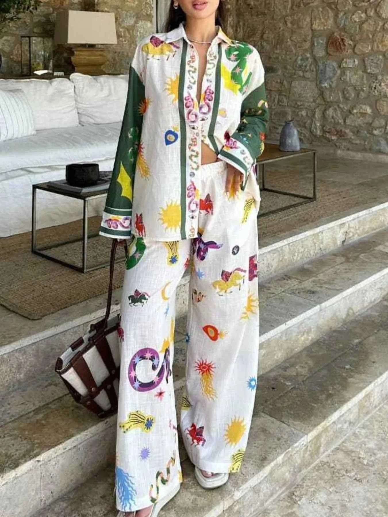 Women's Printed Button Down Shirt and Pants Set.