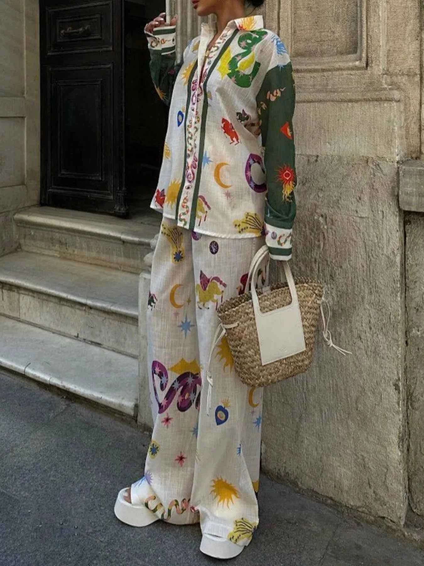 Women's Printed Button Down Shirt and Pants Set.