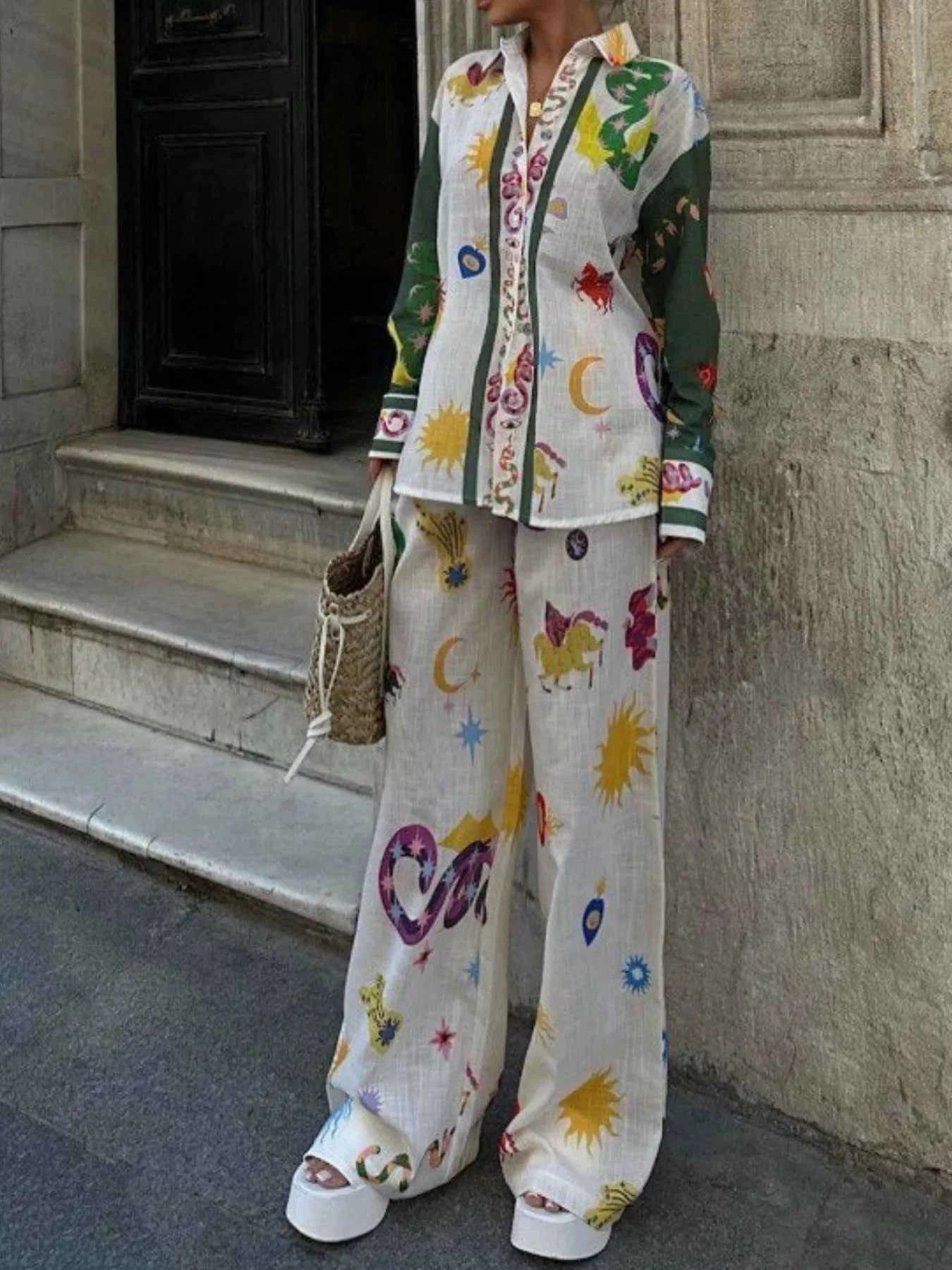 Women's Printed Button Down Shirt and Pants Set.