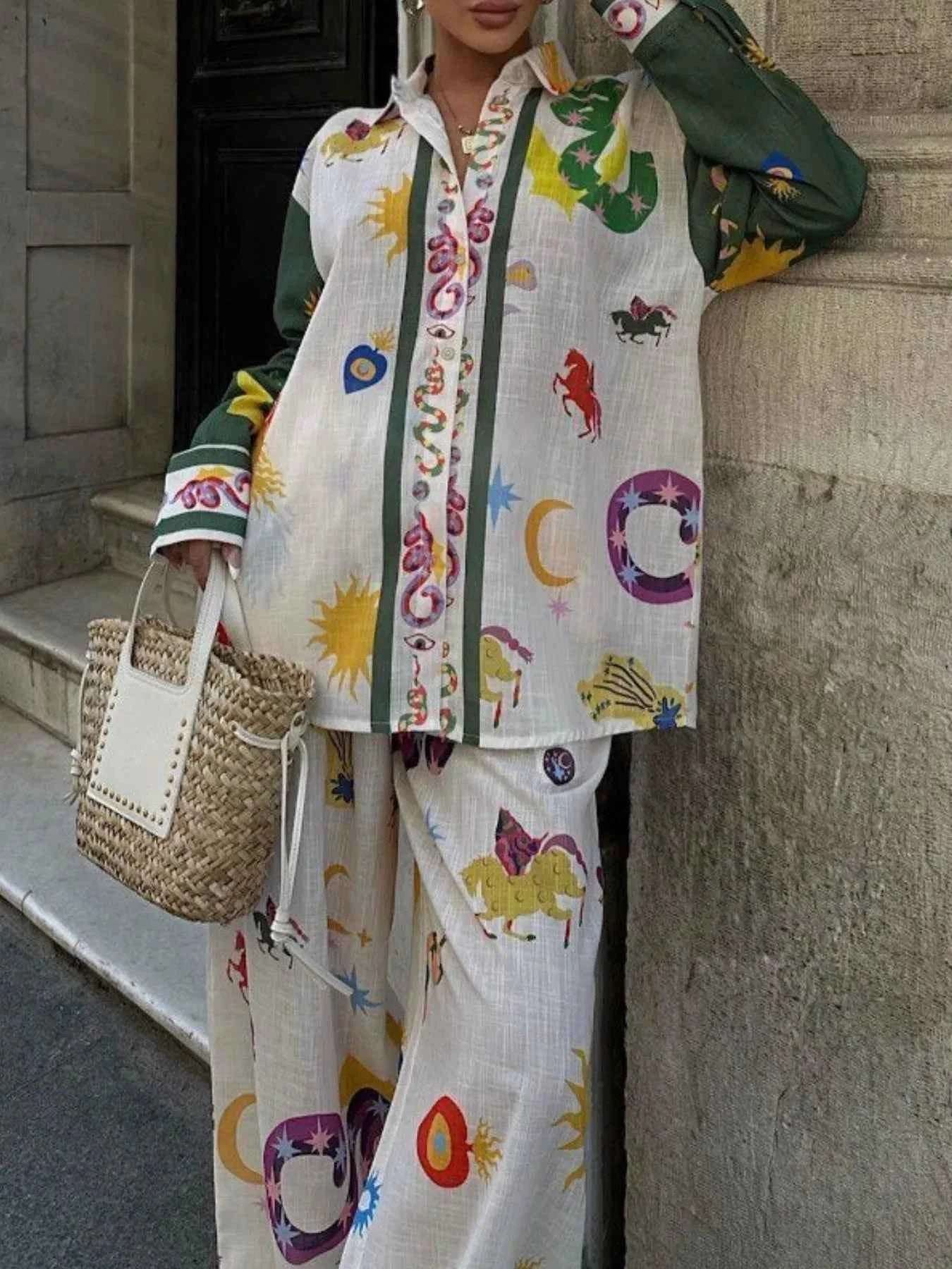 Women's Printed Button Down Shirt and Pants Set.