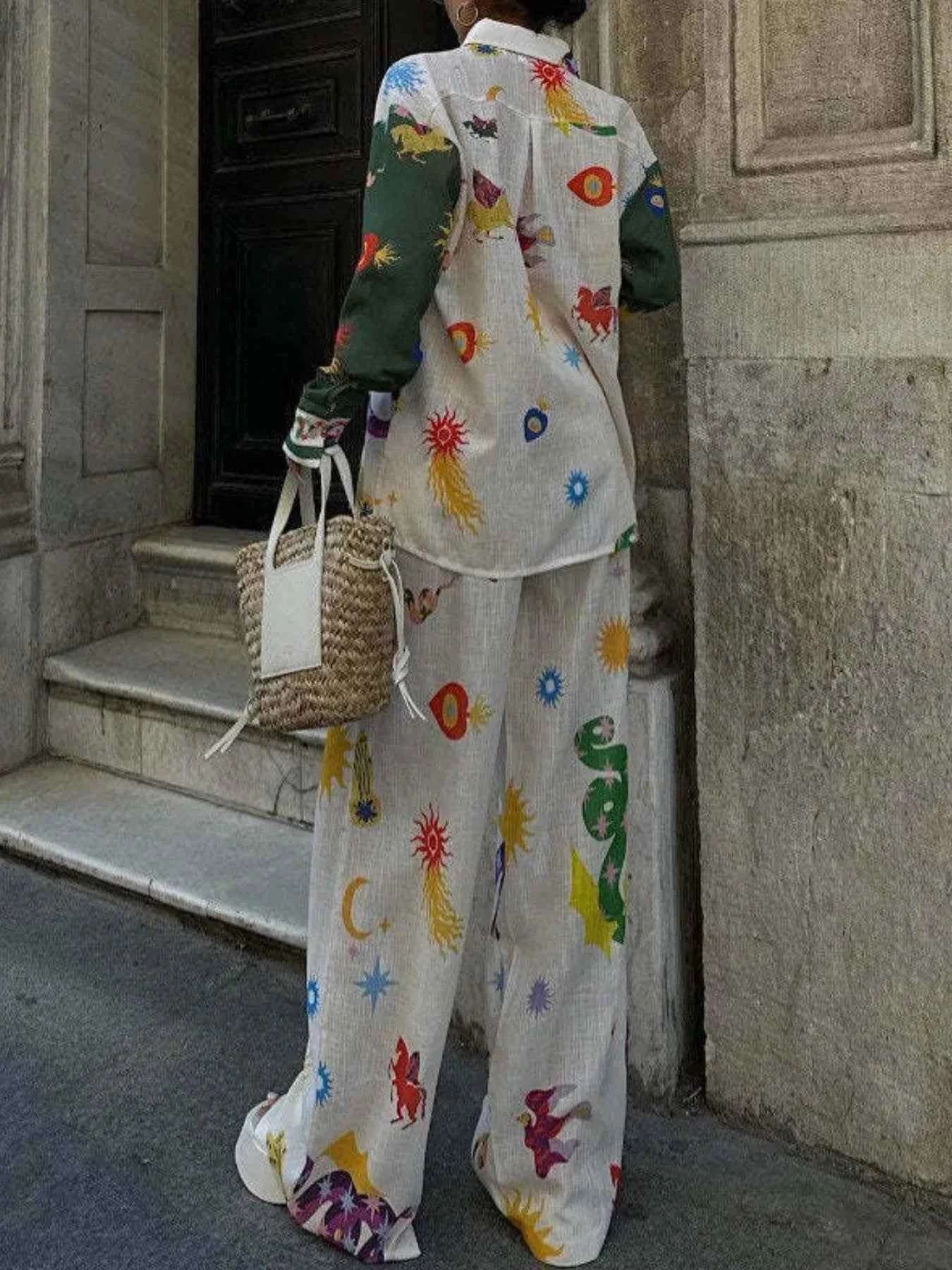 Women's Printed Button Down Shirt and Pants Set.