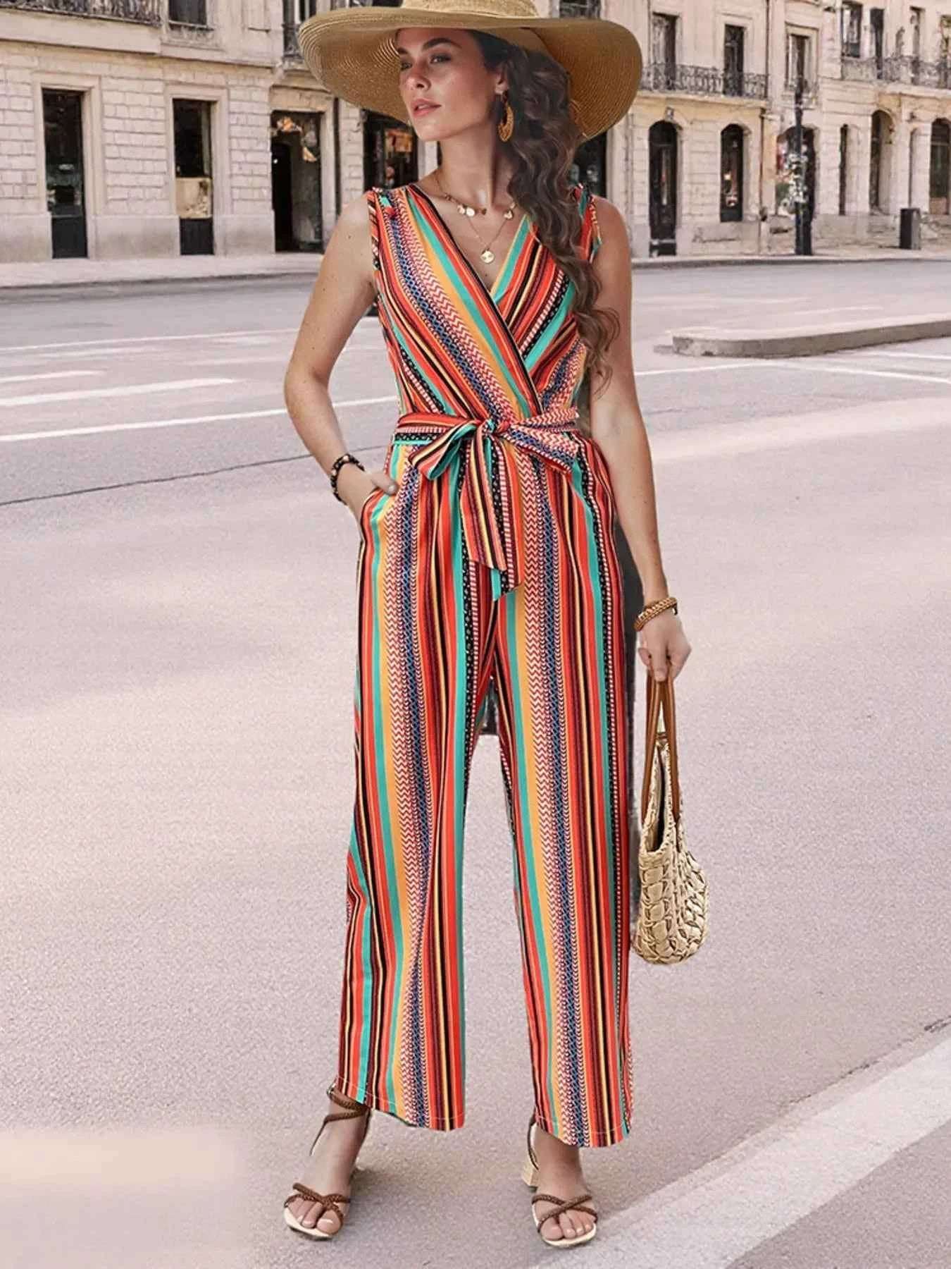 Striped Sleeveless Tie Waist Jumpsuit.