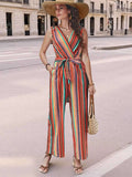 Striped Sleeveless Tie Waist Jumpsuit.