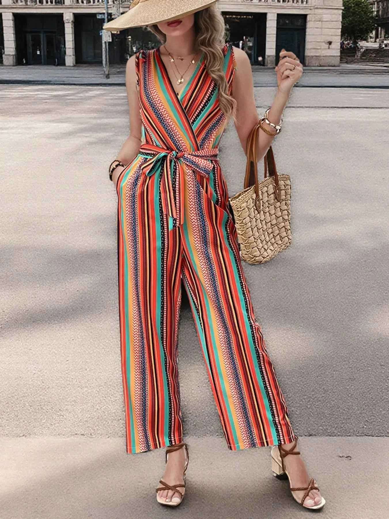 Striped Sleeveless Tie Waist Jumpsuit.
