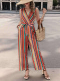 Striped Sleeveless Tie Waist Jumpsuit.
