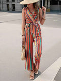 Striped Sleeveless Tie Waist Jumpsuit.