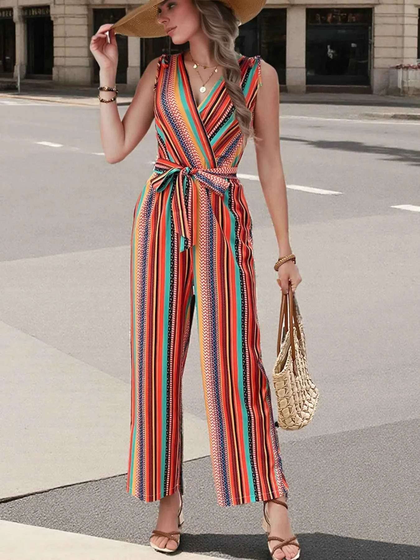 Striped Sleeveless Tie Waist Jumpsuit.