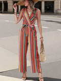 Striped Sleeveless Tie Waist Jumpsuit.