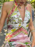 Printed Halter Neck Backless Maxi Dress.