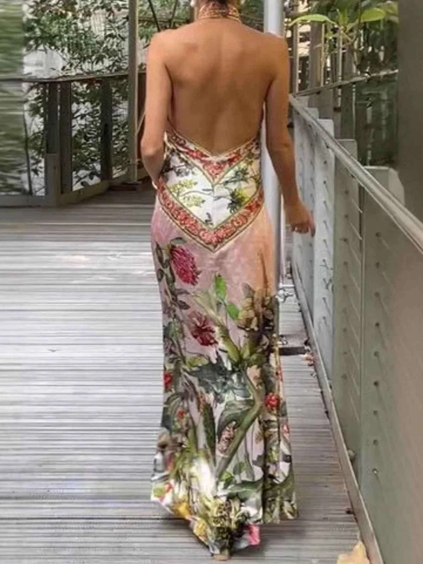 Printed Halter Neck Backless Maxi Dress.