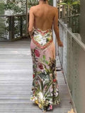 Printed Halter Neck Backless Maxi Dress.