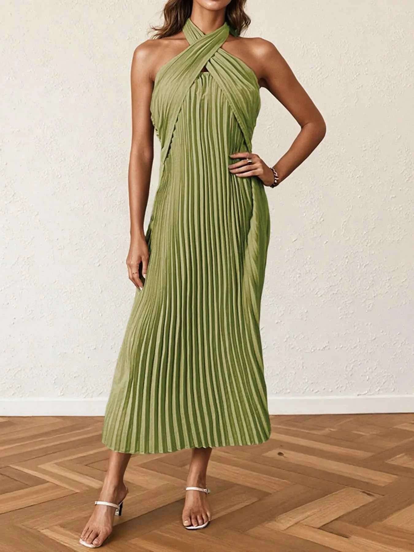 Pleated Halter Neck Midi Dress.