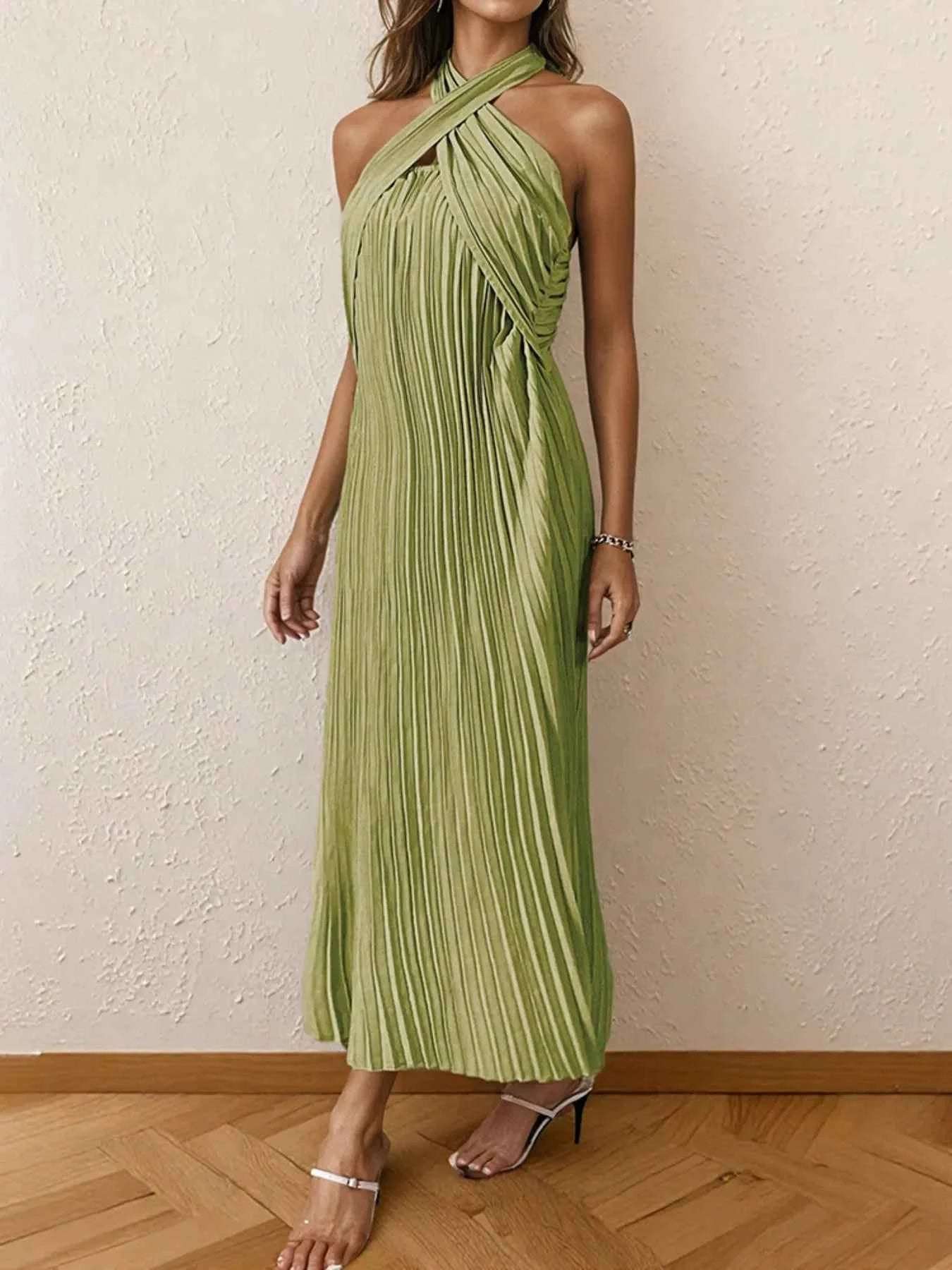 Pleated Halter Neck Midi Dress.