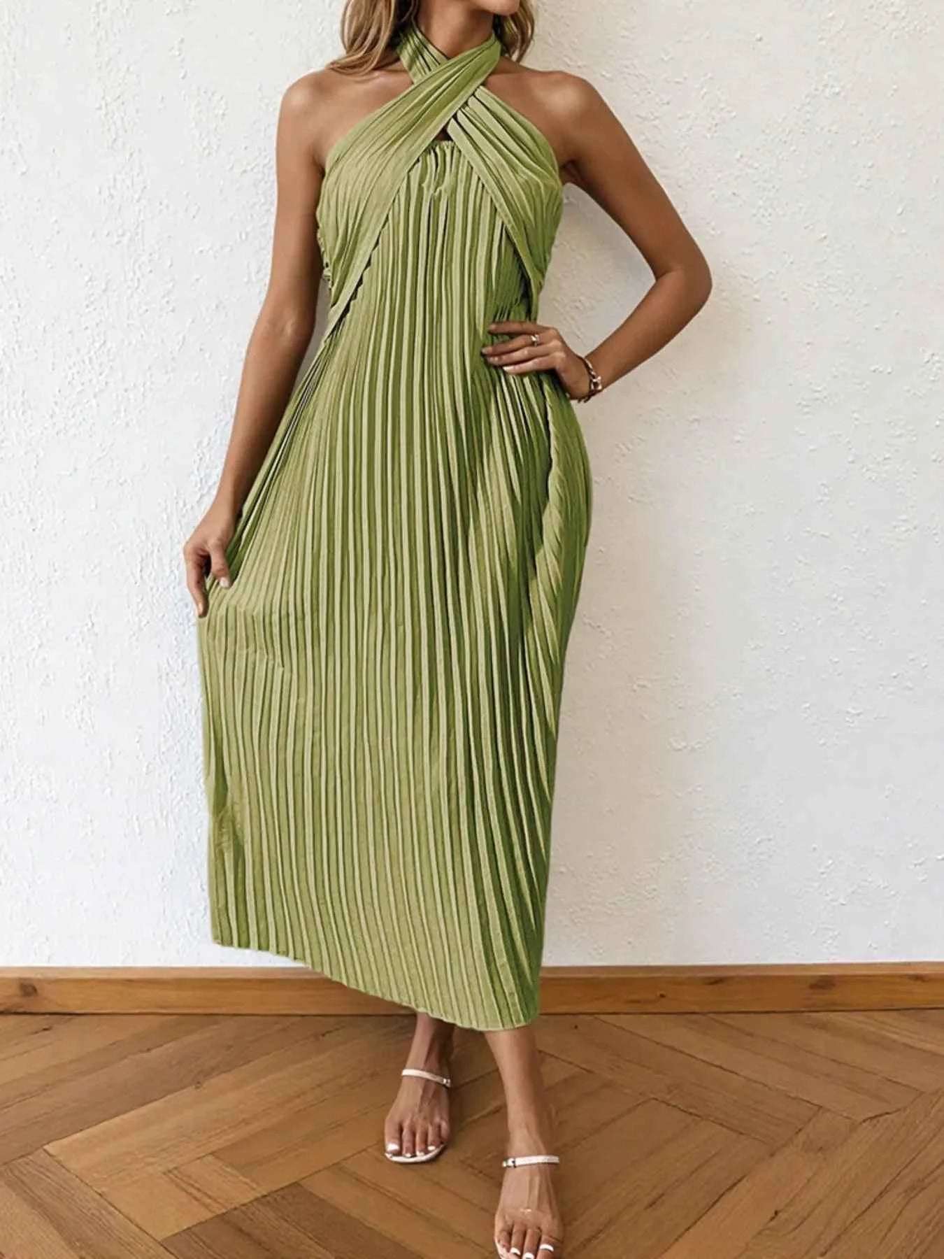 Pleated Halter Neck Midi Dress.