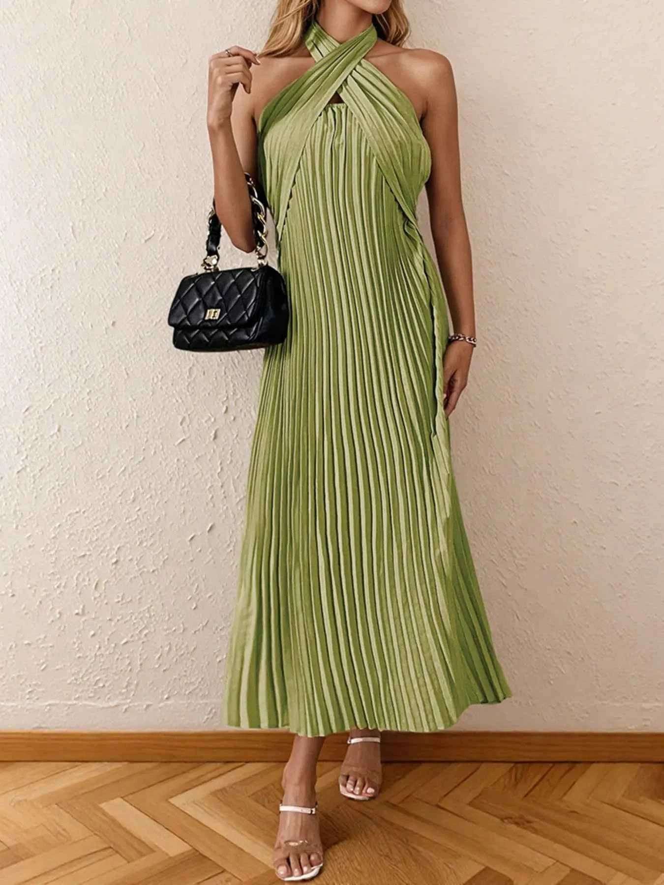 Pleated Halter Neck Midi Dress.