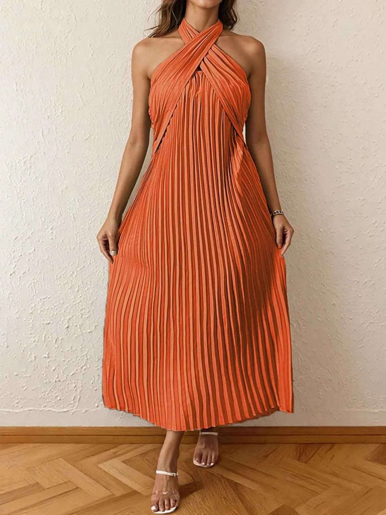 Pleated Halter Neck Midi Dress.
