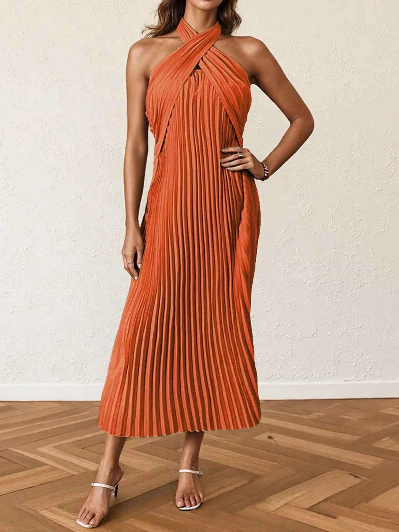 Pleated Halter Neck Midi Dress.