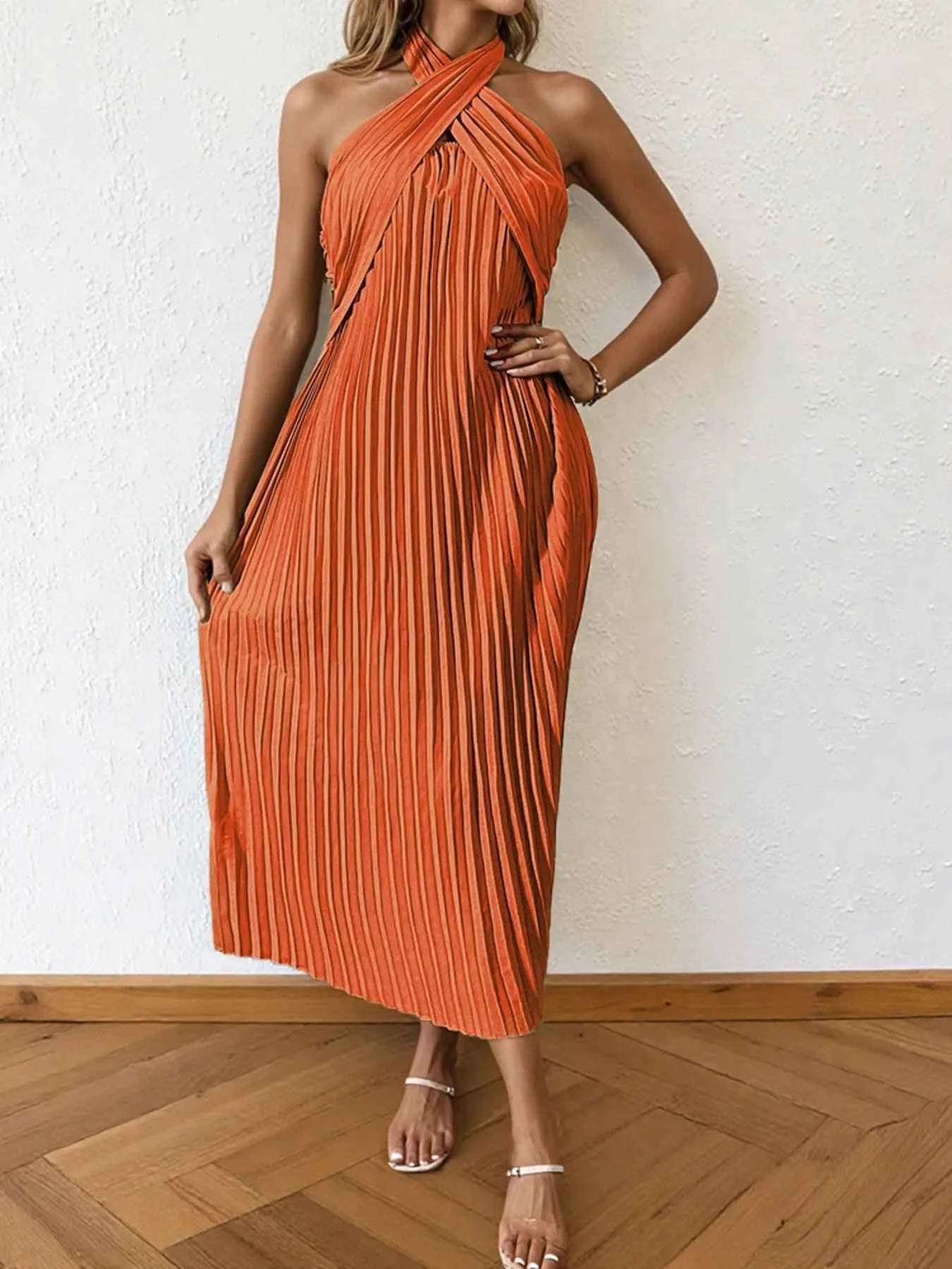 Pleated Halter Neck Midi Dress.