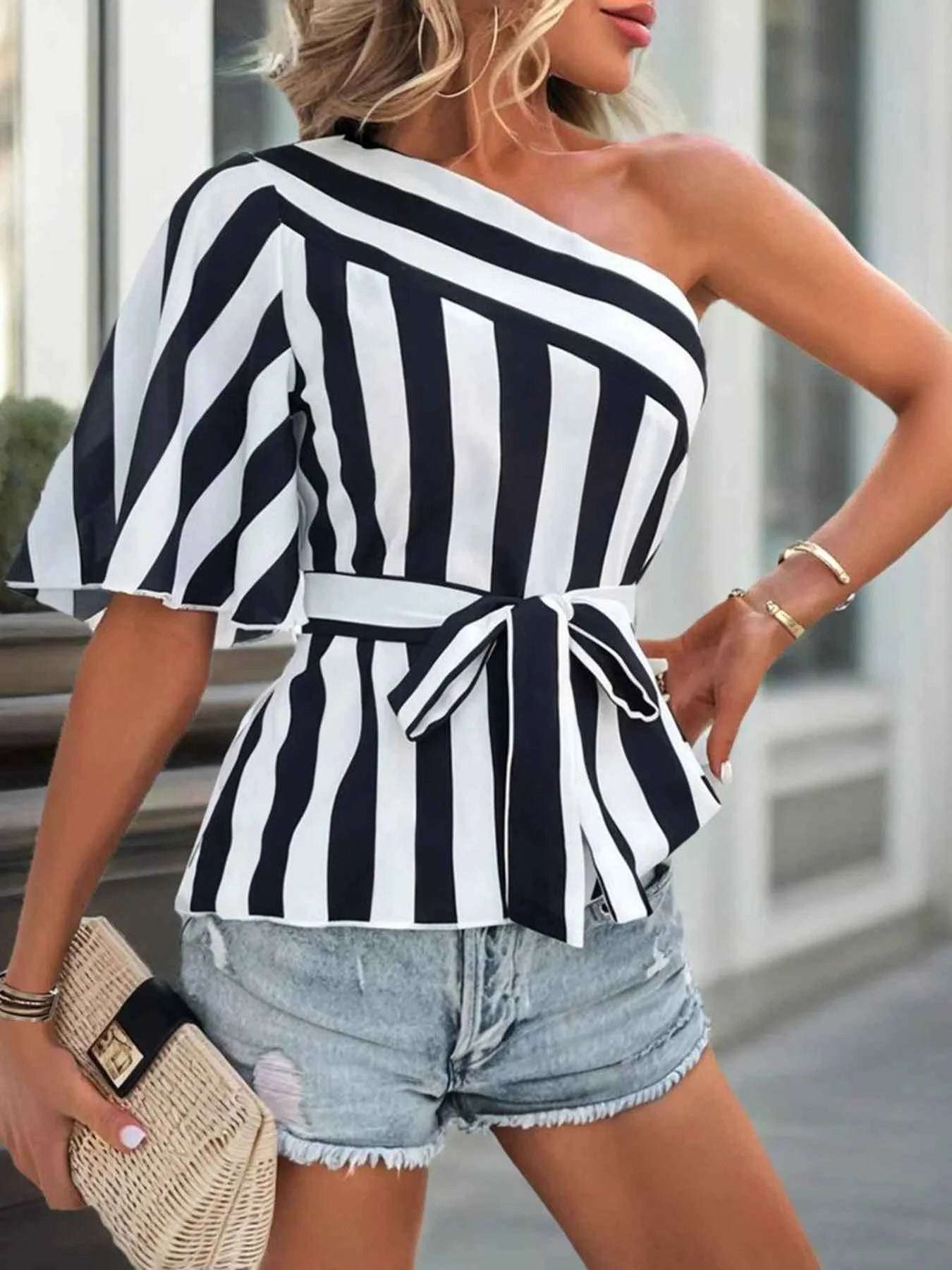 One Shoulder Striped Blouse with Belt.