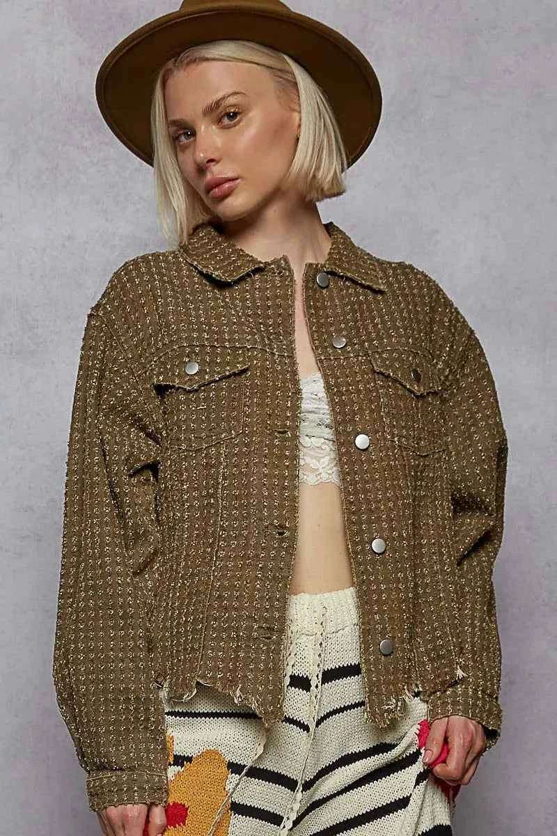 POL Raw Hem Button Up Utility Jacket with Chest Pockets.