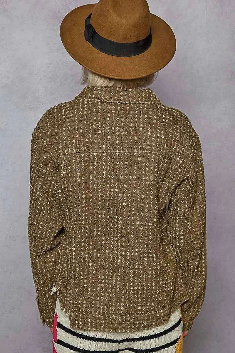 POL Raw Hem Button Up Utility Jacket with Chest Pockets.