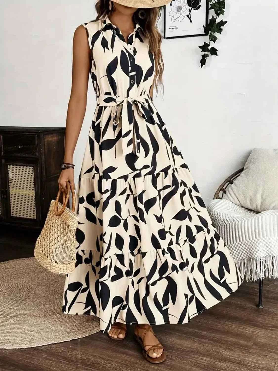 Printed Tie Waist Sleeveless Maxi Dress.