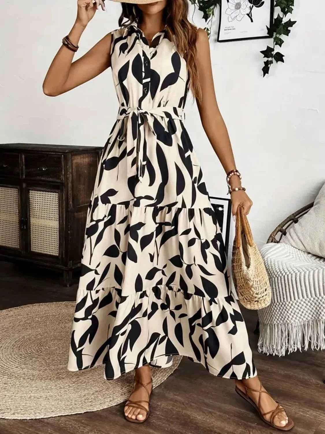 Printed Tie Waist Sleeveless Maxi Dress.