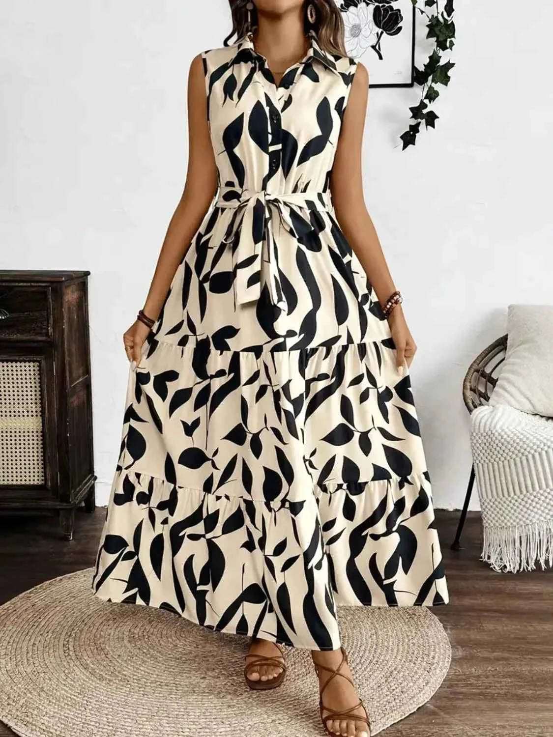 Printed Tie Waist Sleeveless Maxi Dress.