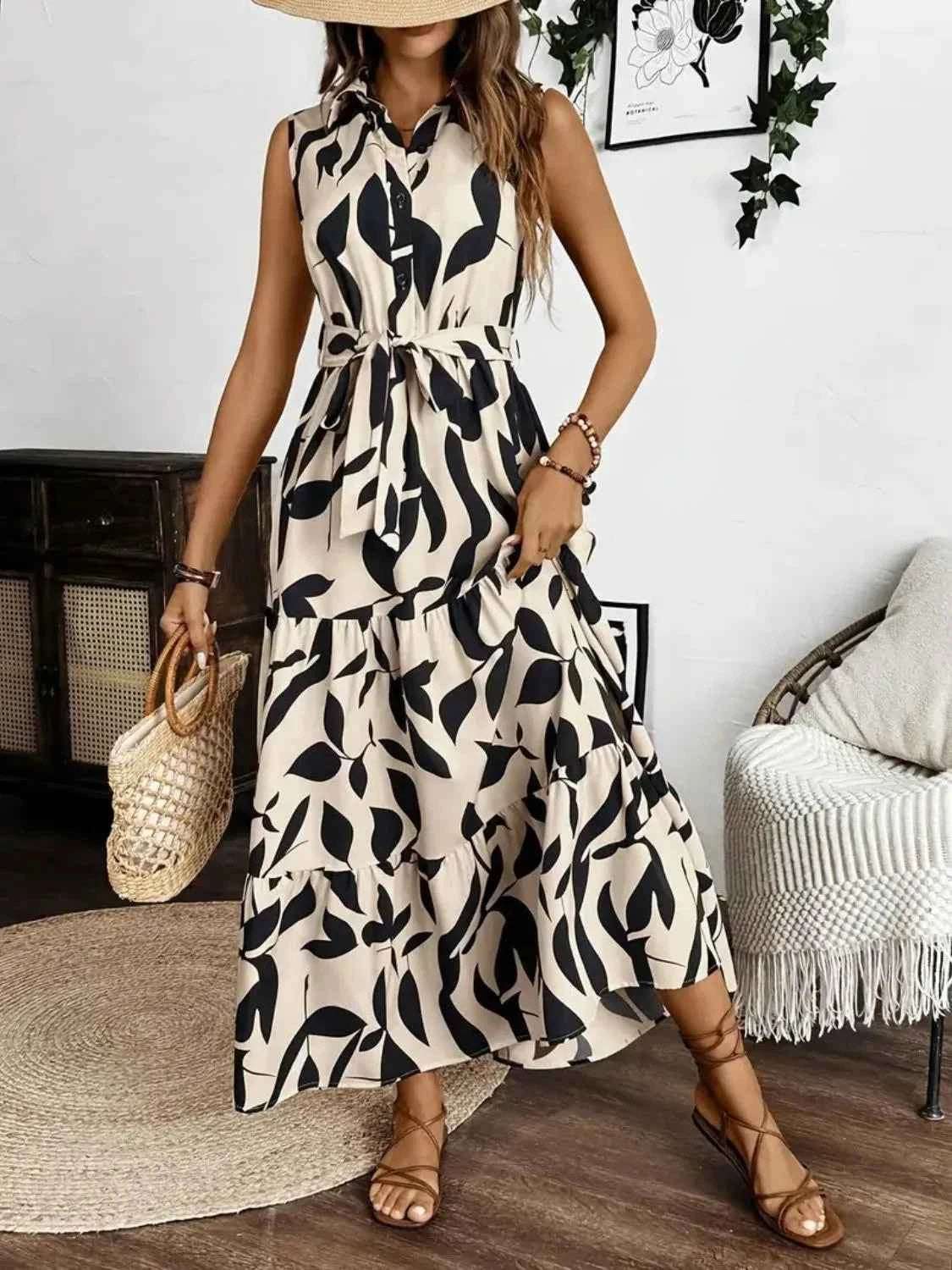 Printed Tie Waist Sleeveless Maxi Dress.