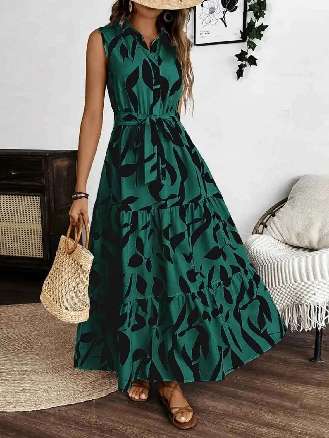 Printed Tie Waist Sleeveless Maxi Dress.