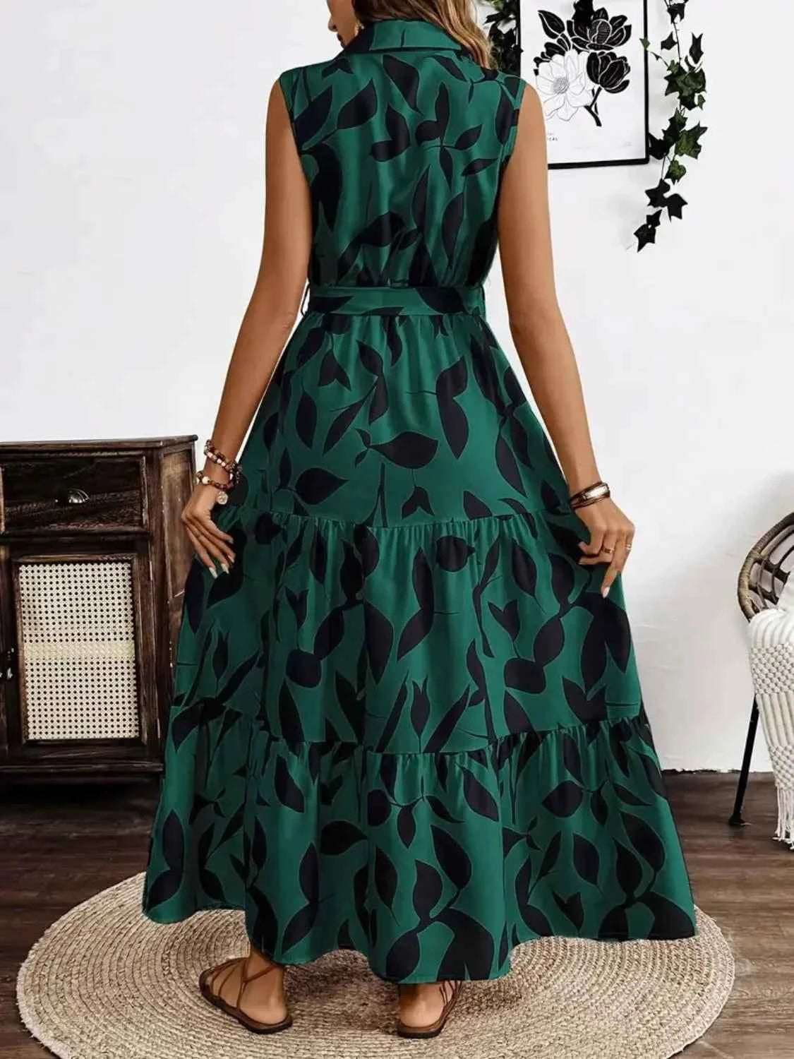 Printed Tie Waist Sleeveless Maxi Dress.