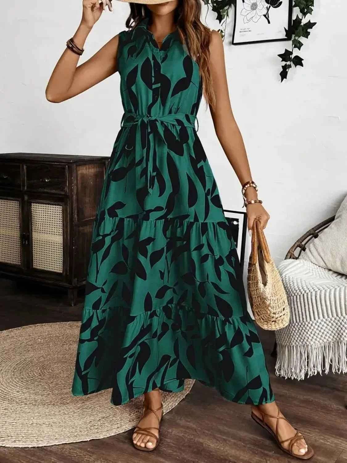 Printed Tie Waist Sleeveless Maxi Dress.