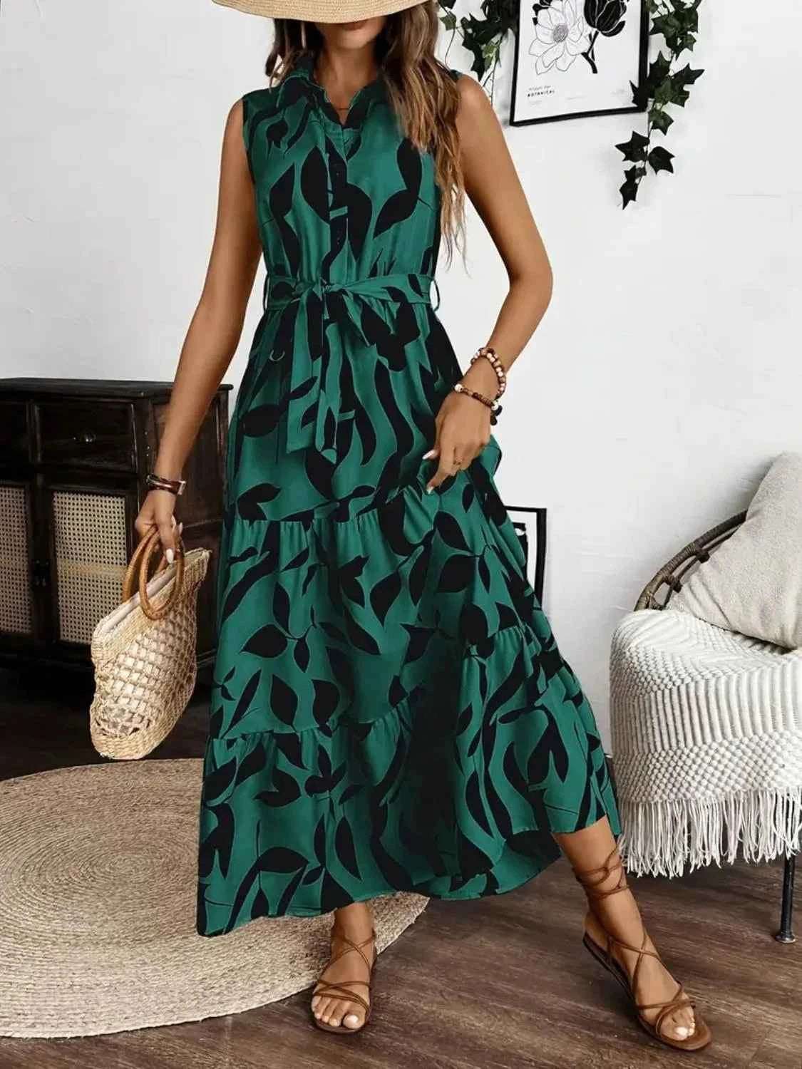 Printed Tie Waist Sleeveless Maxi Dress.
