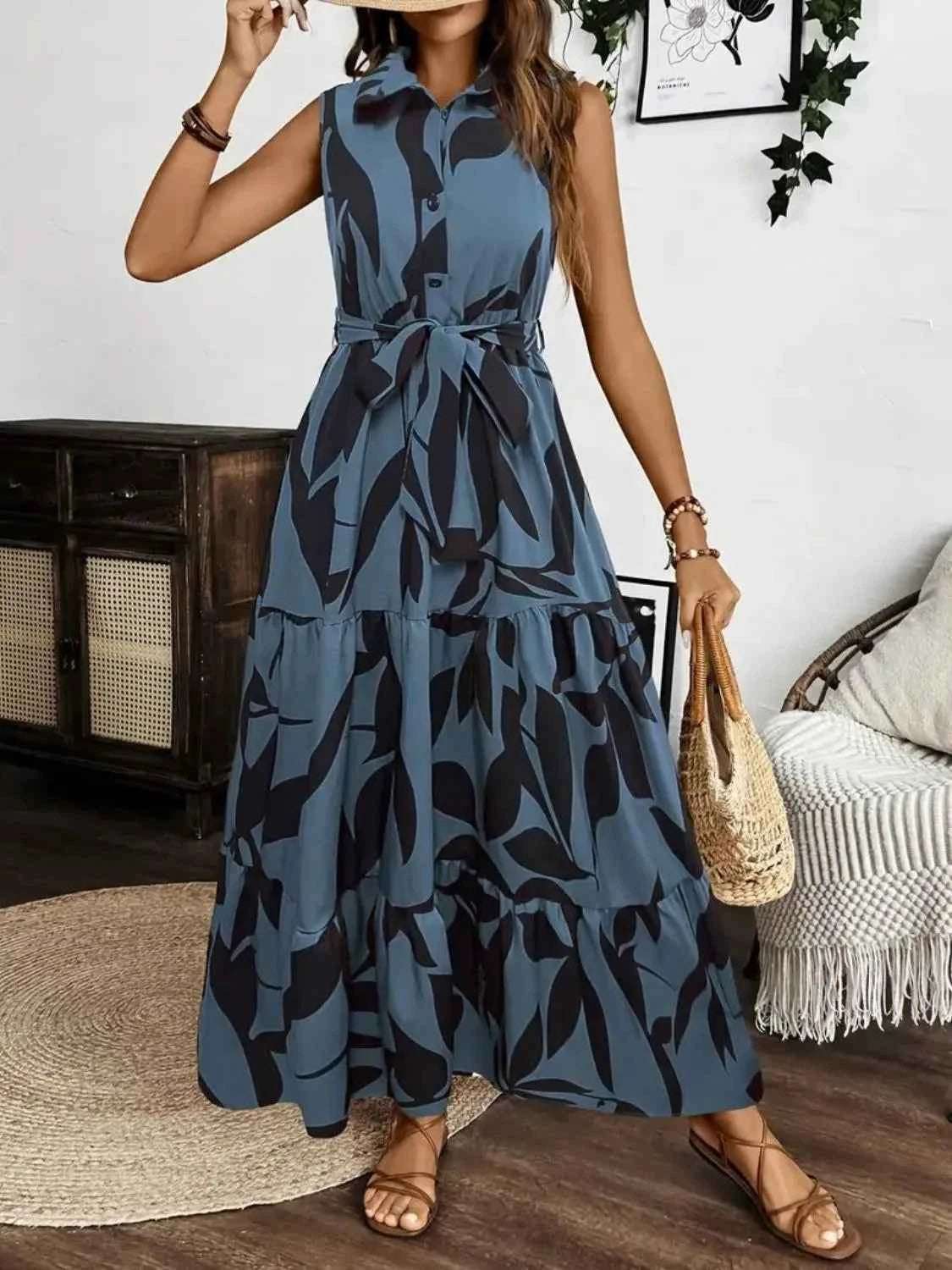 Printed Tie Waist Sleeveless Maxi Dress.