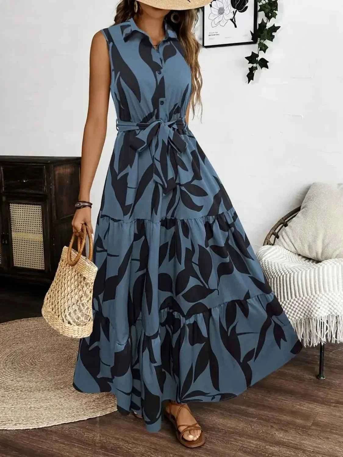 Printed Tie Waist Sleeveless Maxi Dress.