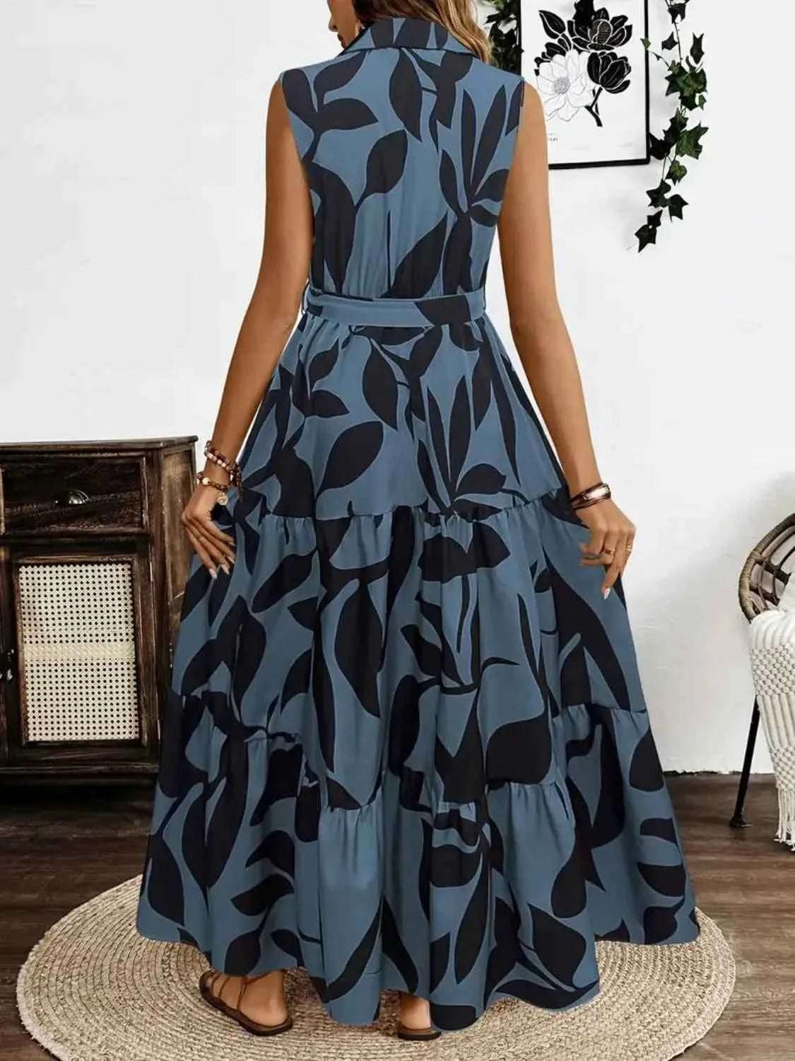 Printed Tie Waist Sleeveless Maxi Dress.