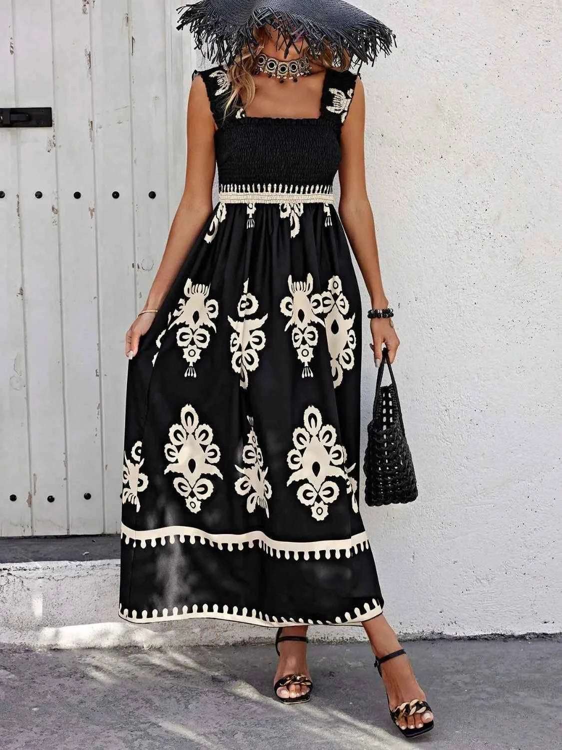 Smocked Printed Wide Strap Maxi Dress.